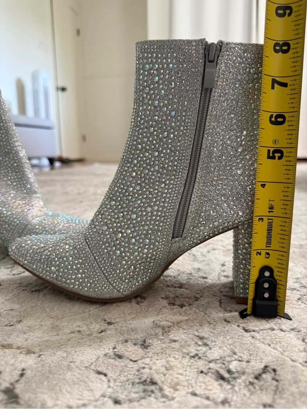 Women’s Sparkly Silver Rhinestone Ankle Boots Block Heel Pointed Toe
